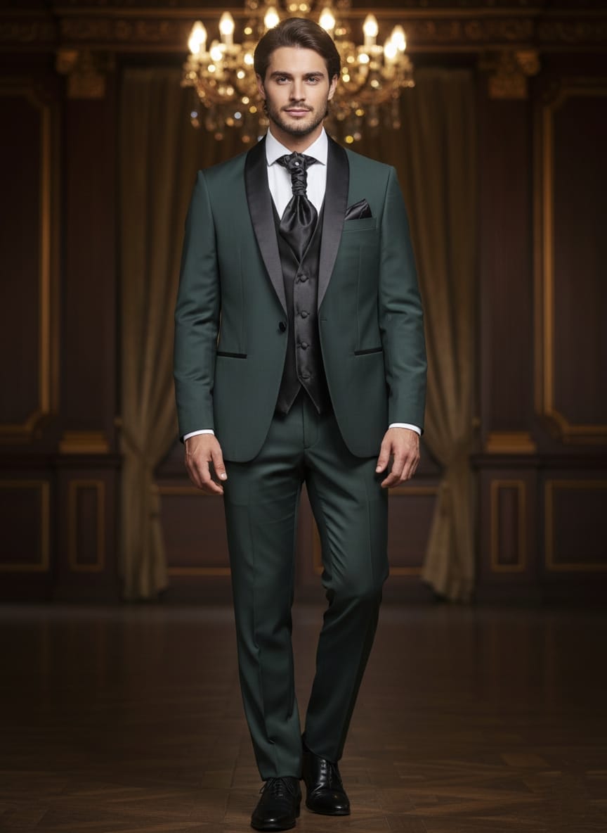 Abito completo elegante con gilet e cravattone art smoking verde scuro
