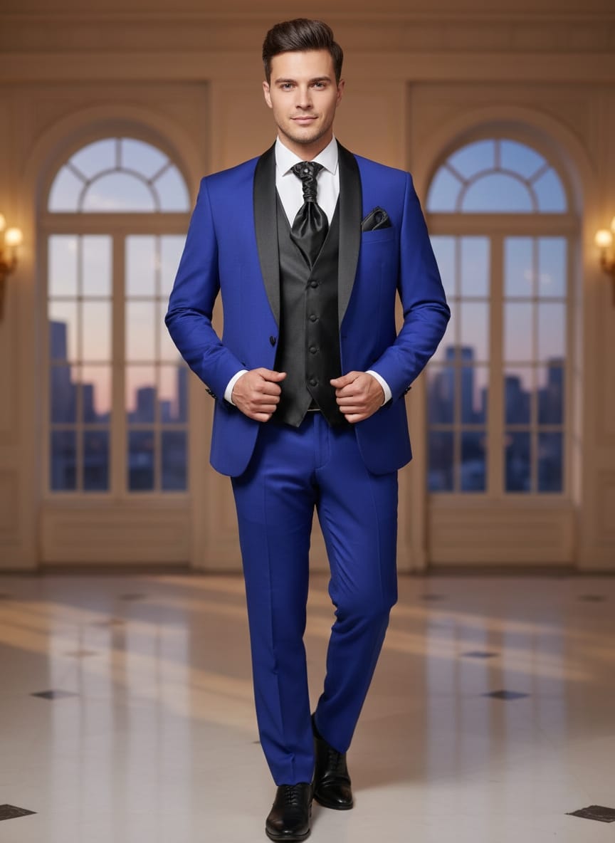 Abito completo elegante con gilet e cravattone art smoking azzurro elettrico