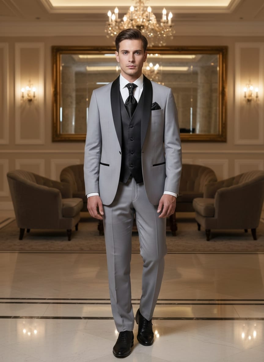 Abito completo elegante con gilet e cravattone art smoking grigio chiaro