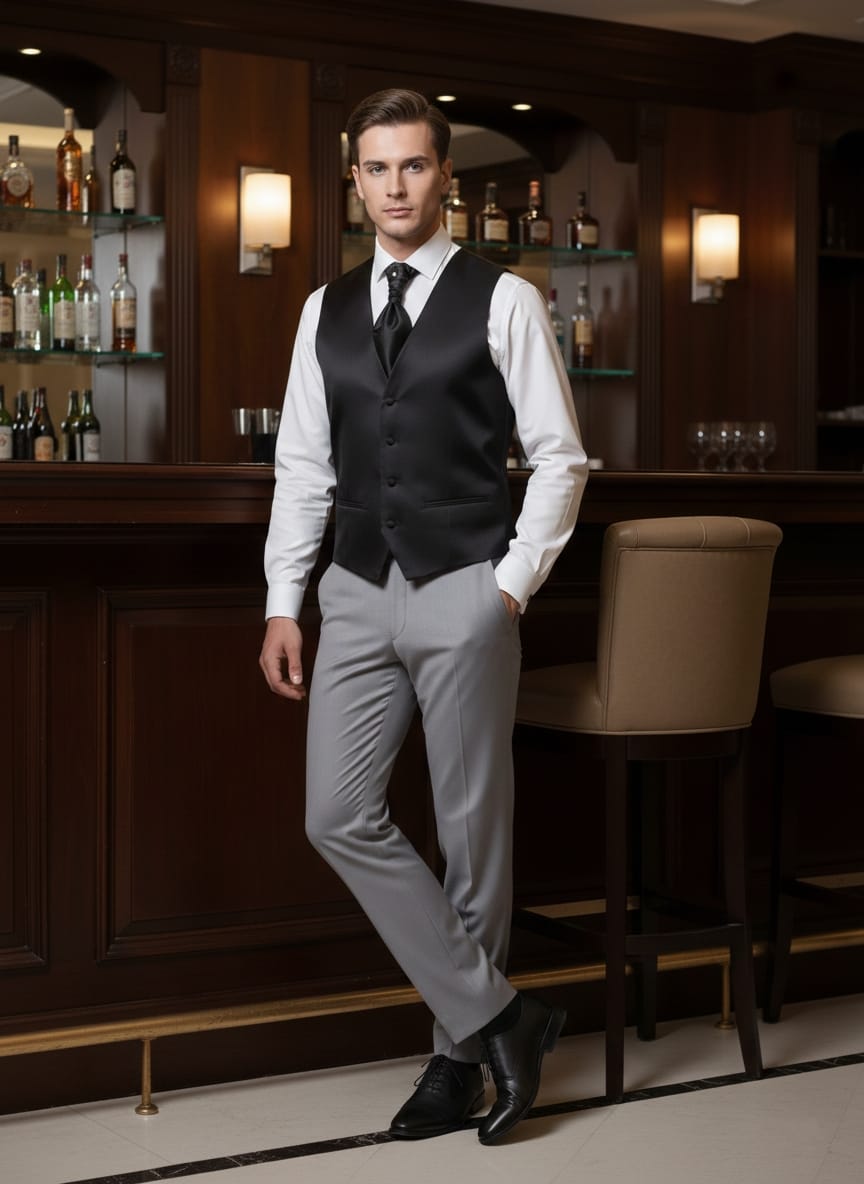 Abito completo elegante con gilet e cravattone art smoking grigio chiaro