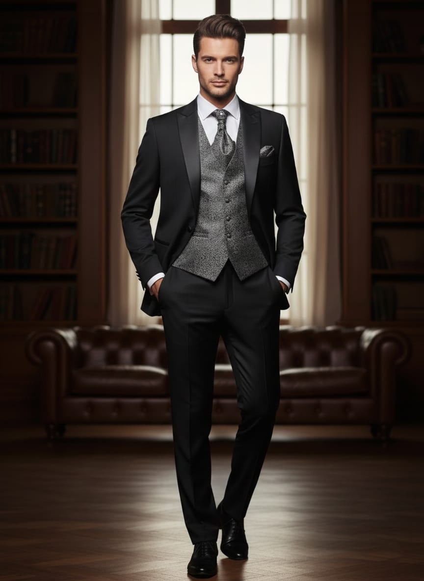 Abito completo elegante con gilet e cravattone art smoking nero