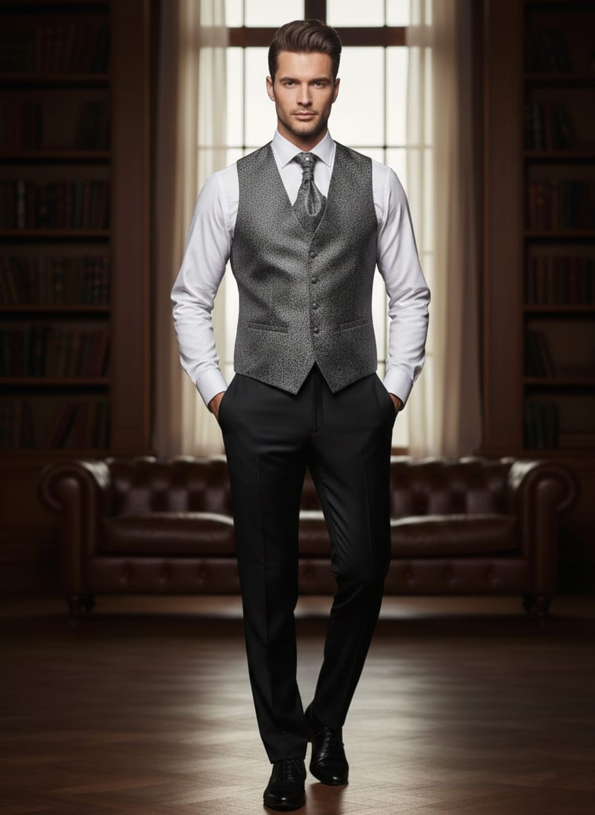 Abito completo elegante con gilet e cravattone art smoking nero