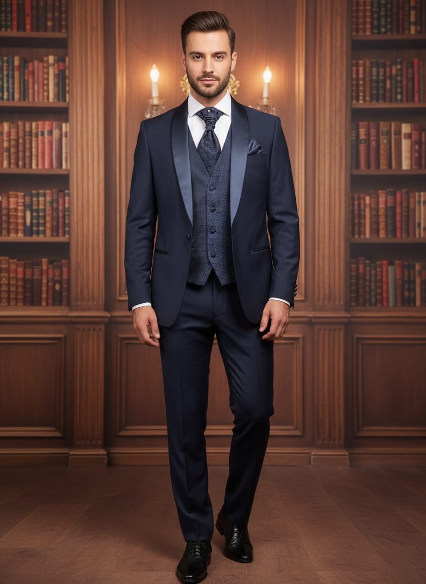 Abito completo elegante con gilet e cravattone art smoking blu