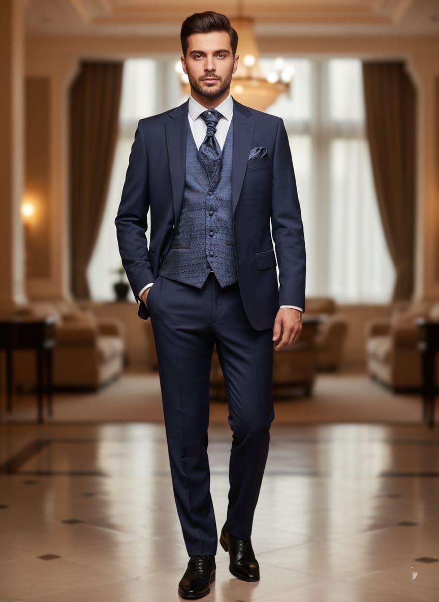 Abito completo elegante con gilet e cravattone art regular blu scuro