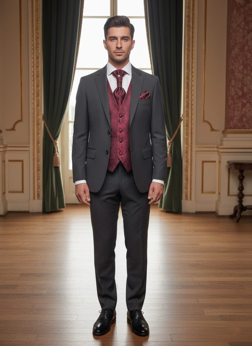 Abito completo elegante con gilet e cravattone art regular grigio scuro