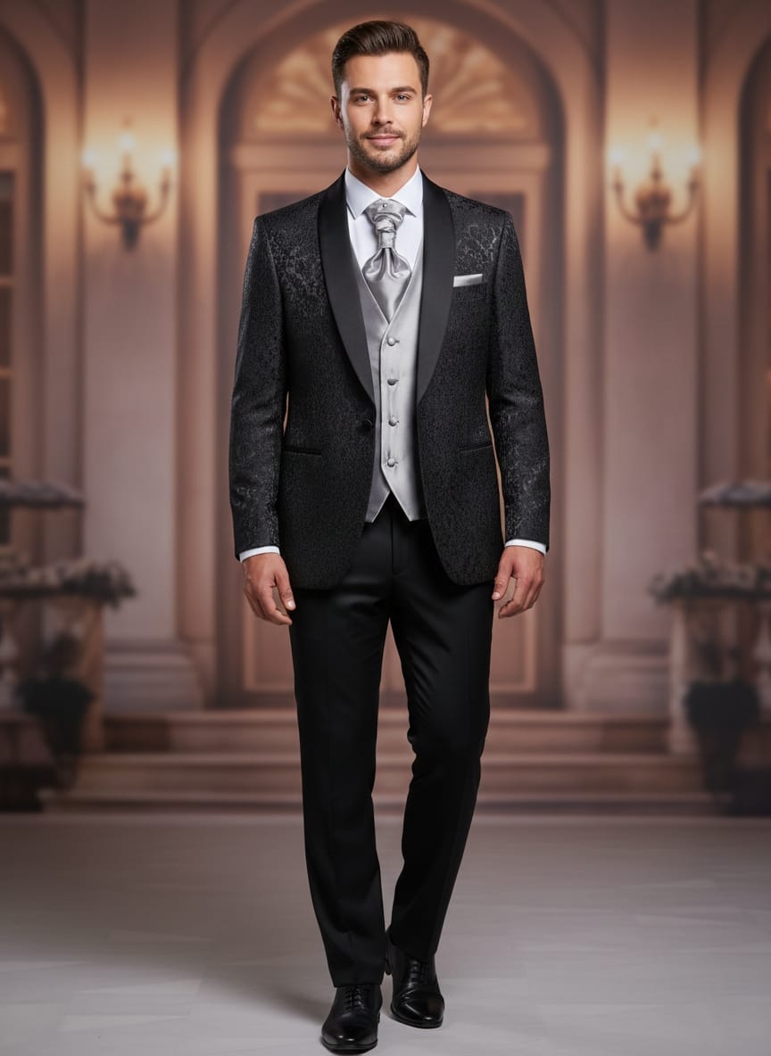 Abito completo elegante con gilet e cravattone art damascato nero