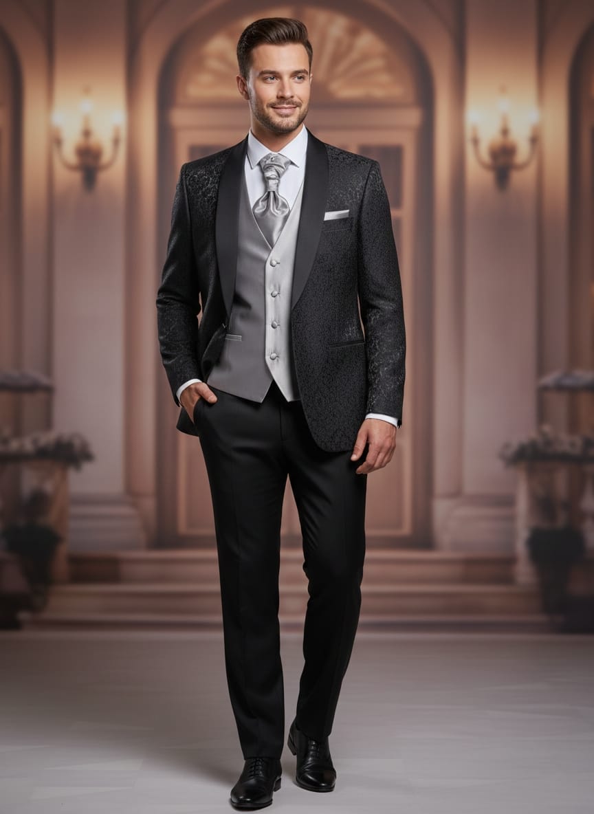 Abito completo elegante con gilet e cravattone art damascato nero