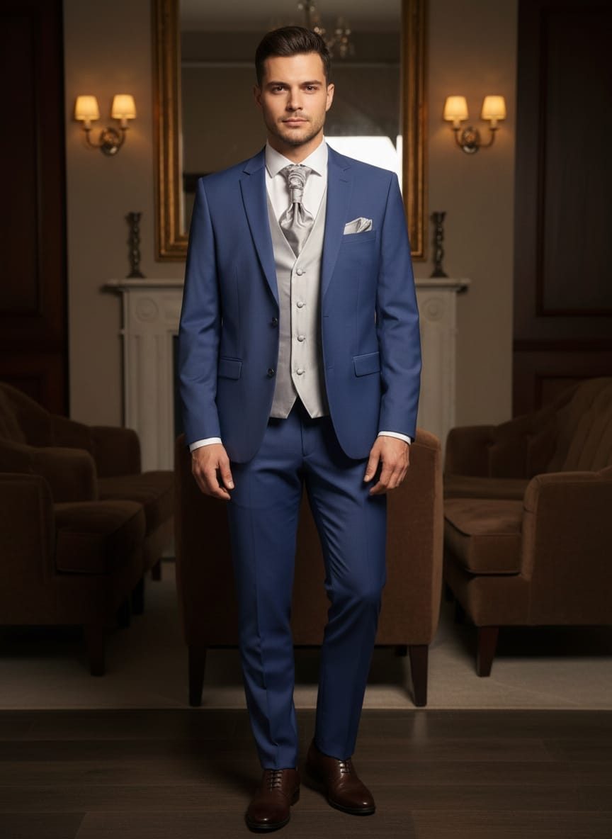 Abito completo elegante con gilet e cravattone art slim blu