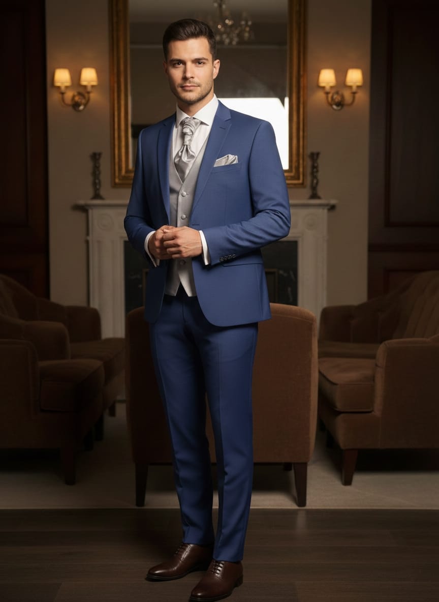 Abito completo elegante con gilet e cravattone art slim blu