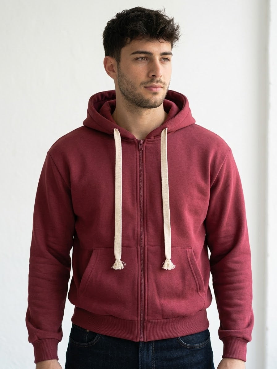 Felpa zip bordeaux con cappuccio
