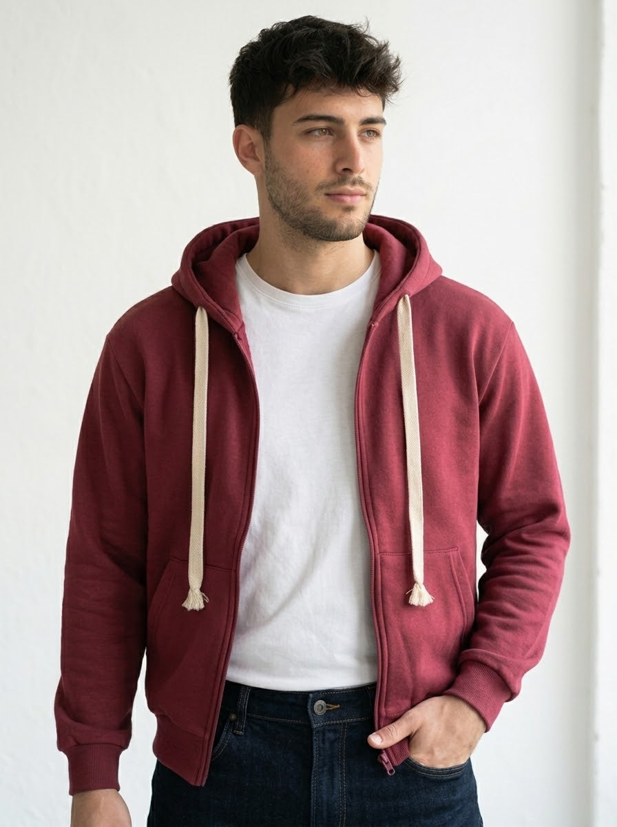 Felpa zip bordeaux con cappuccio