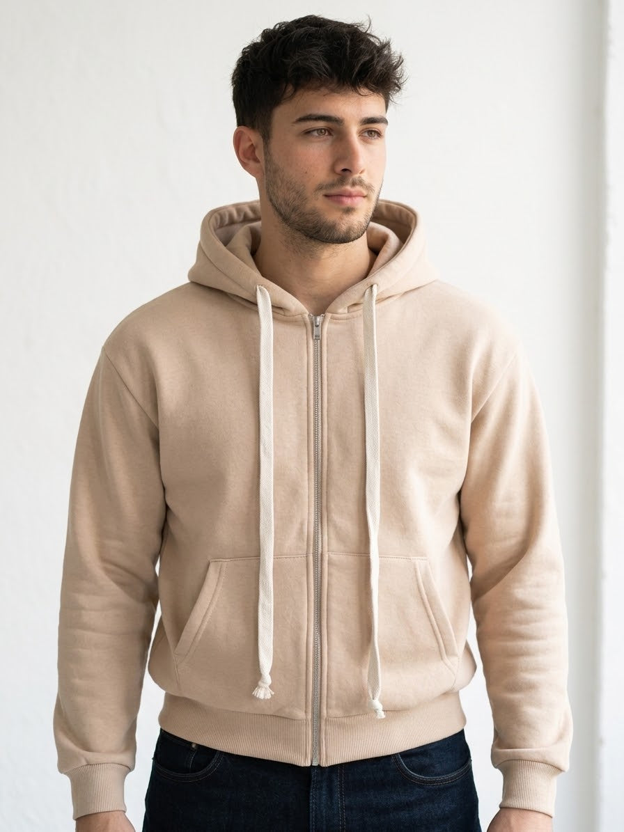 Felpa zip beige con cappuccio