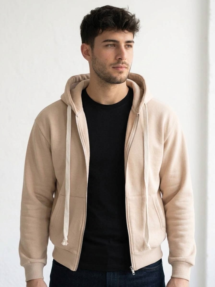 Felpa zip beige con cappuccio