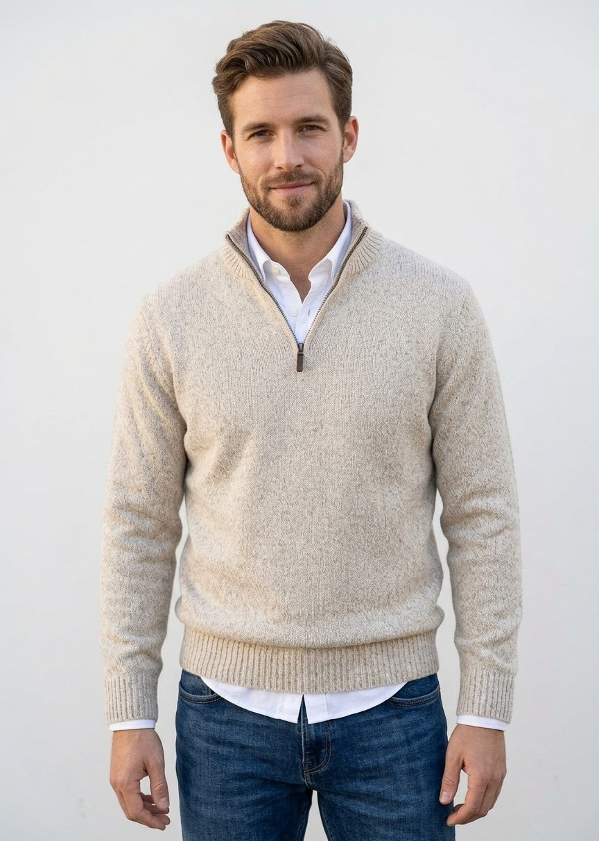 Maglia mezza zip  tinta unita mouliné beige 823