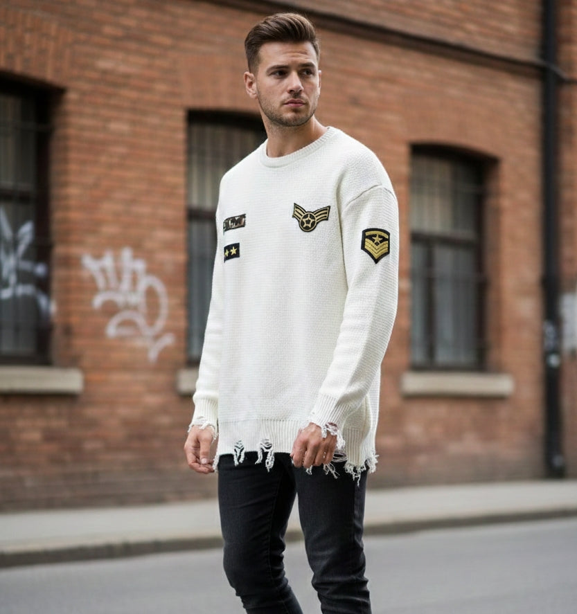 Maglia girocollo con patch e rotture art 196 bianco panna