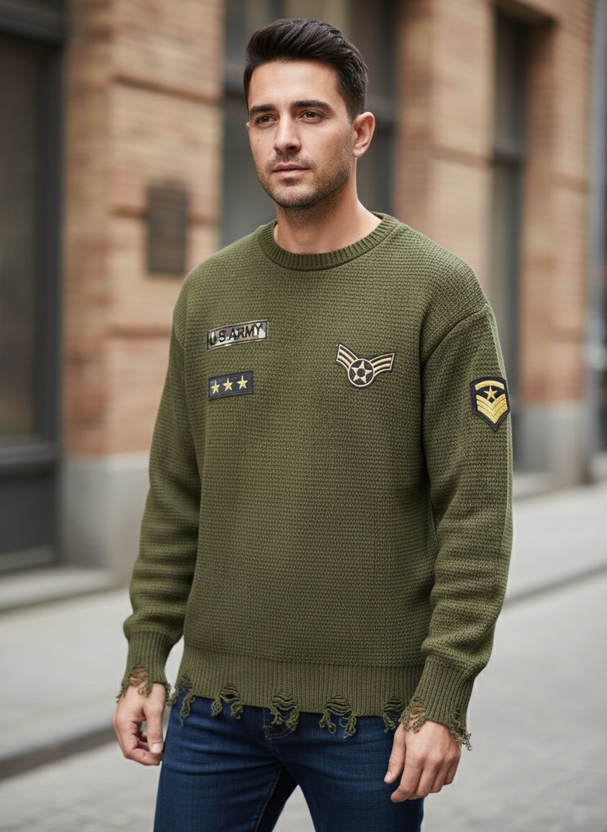 Maglia girocollo con patch e rotture art 196 verde militare