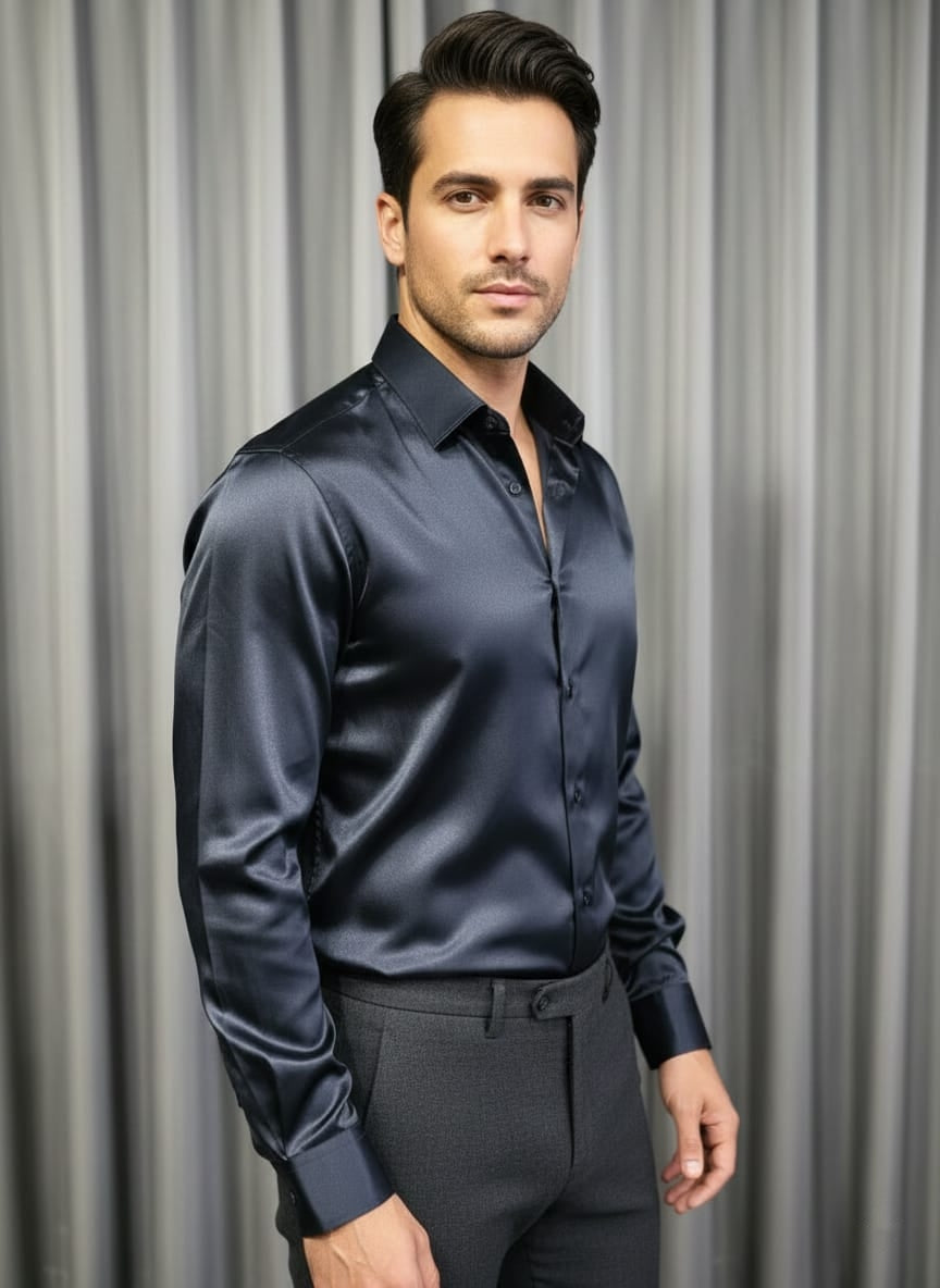 Camicia lucida in raso blu scura