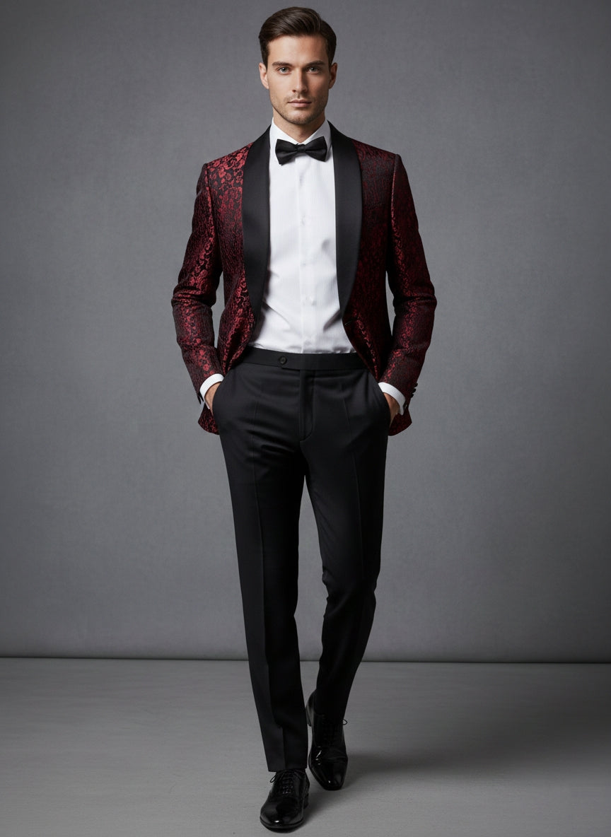 Abito completo giacca e pantalone smoking damascato bordeaux