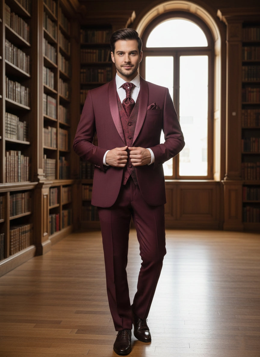 Abito completo elegante con gilet e cravattone art smoking bordeaux