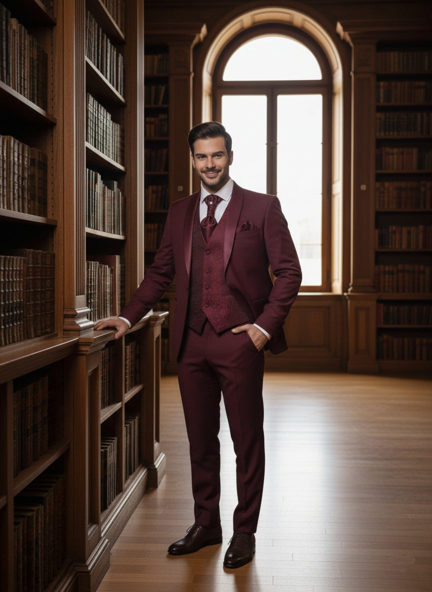 Abito completo elegante con gilet e cravattone art smoking bordeaux