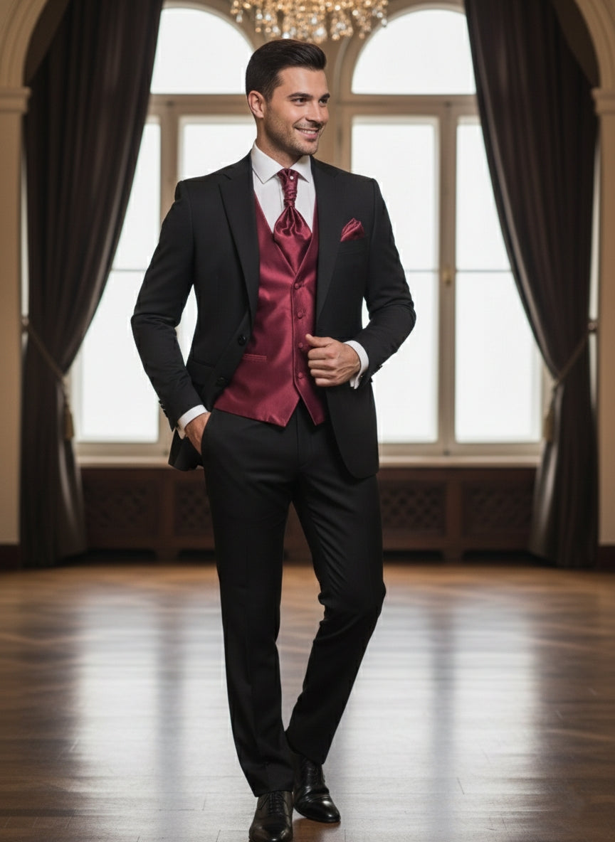 Abito completo elegante con gilet e cravattone art regular nero