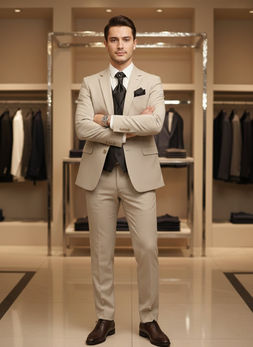 Abito completo elegante con gilet e cravattone art slim beige