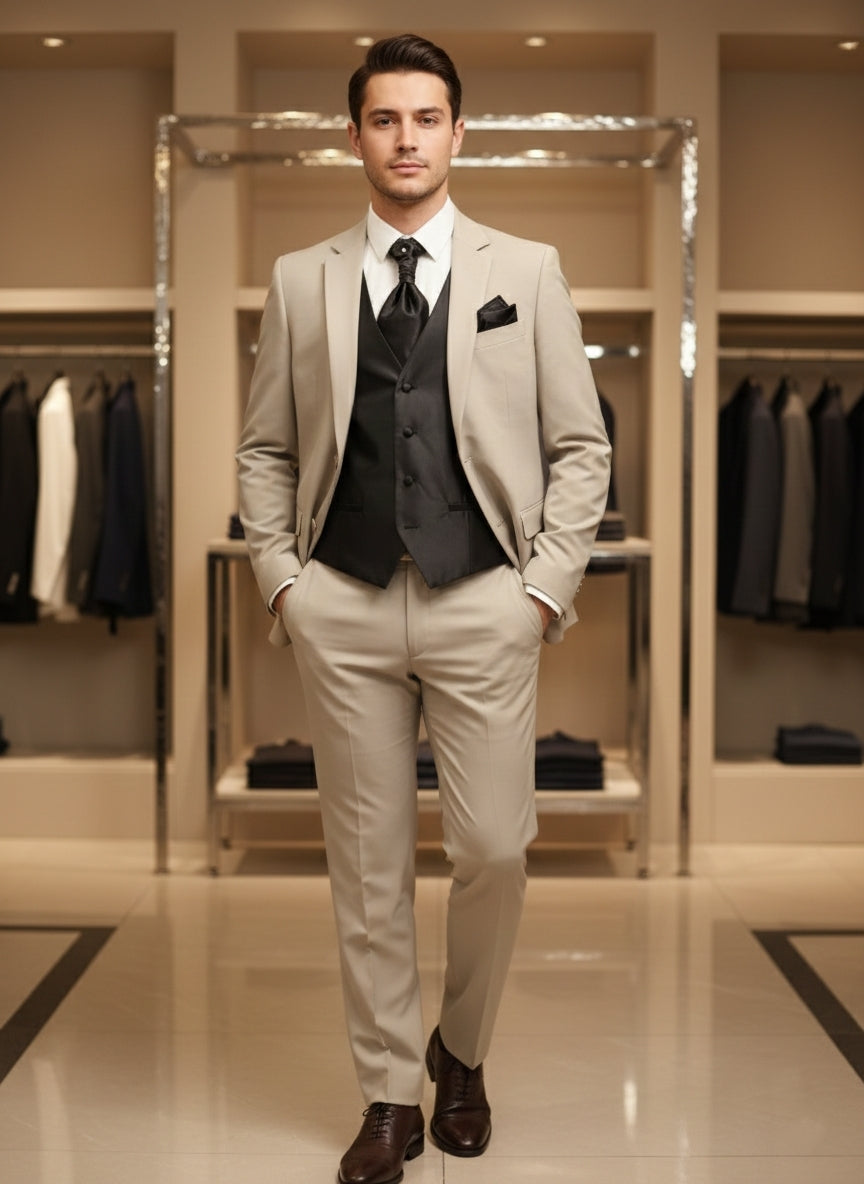 Abito completo elegante con gilet e cravattone art slim beige