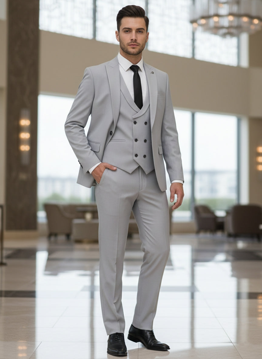 Abito completo giacca pantalone e gilet grigio chiaro dandy