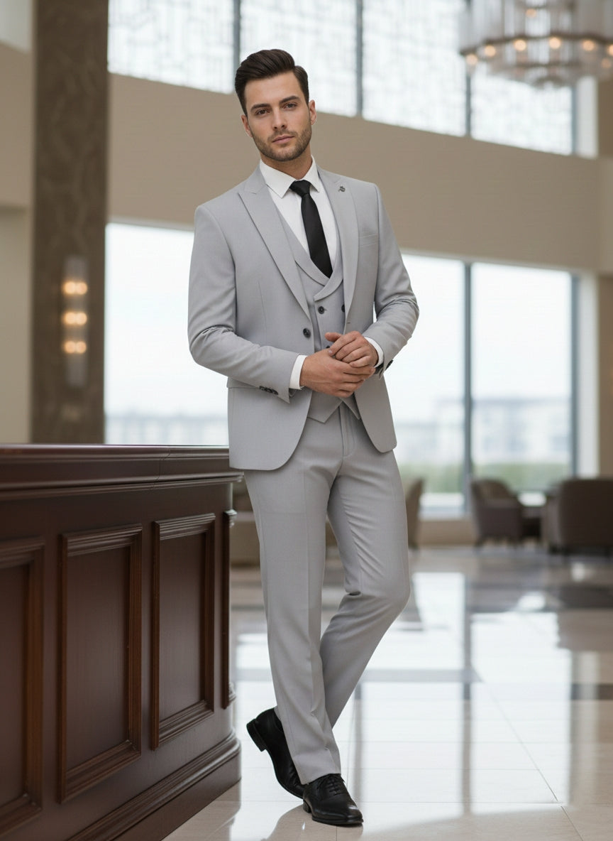 Abito completo giacca pantalone e gilet grigio chiaro dandy