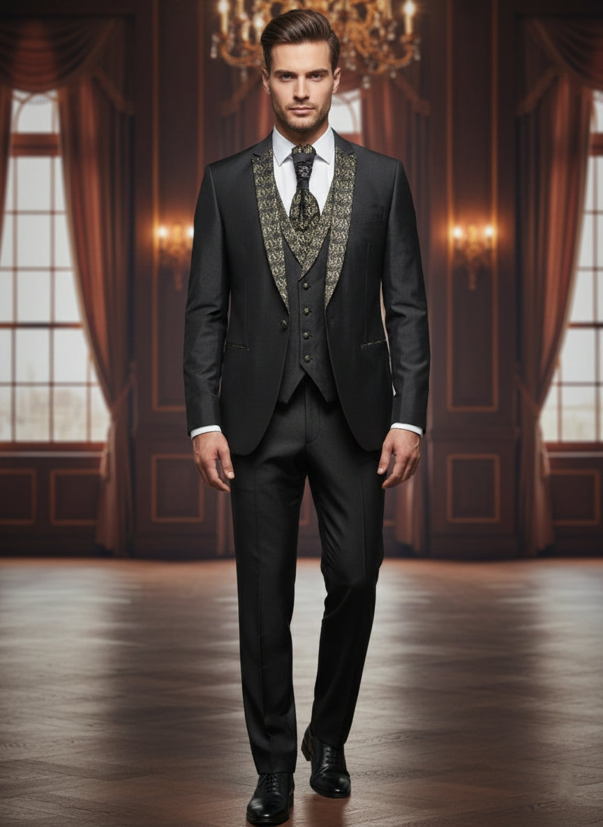 Abito completo elegante con gilet e cravattone art smoking nero e oro