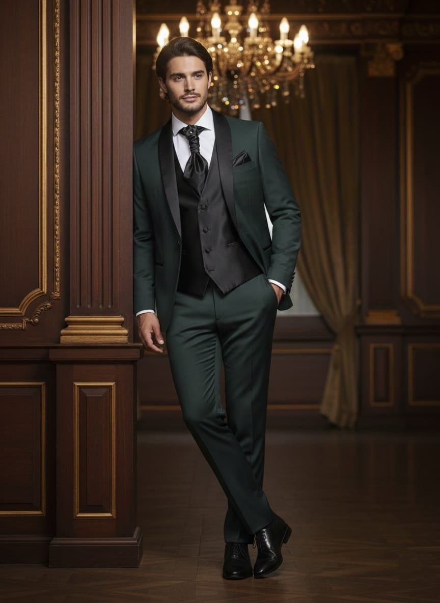Abito completo elegante con gilet e cravattone art smoking verde scuro