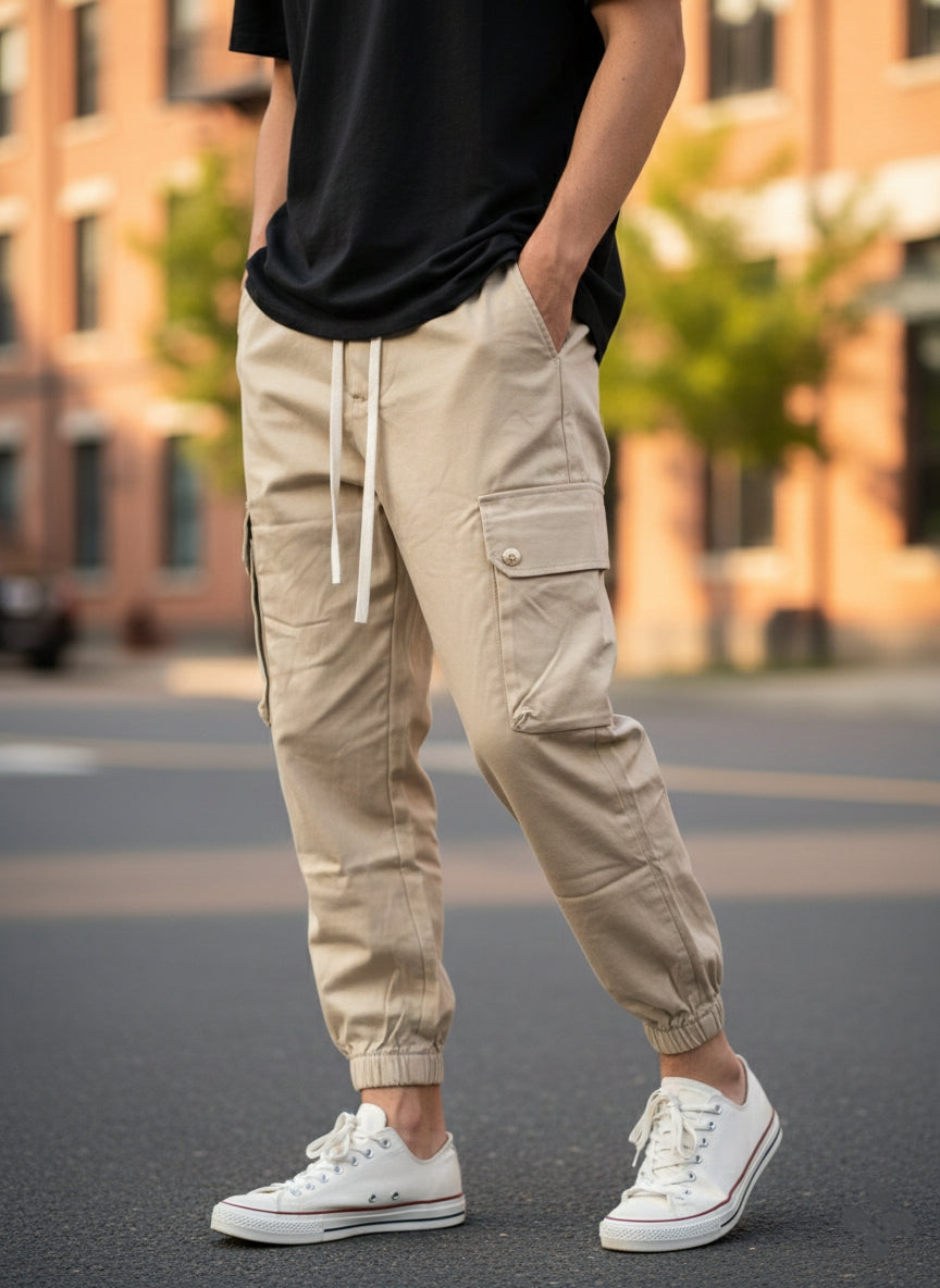 Pantalaccio cargo oversize in tessuto di cotone art 017204 beige chiaro