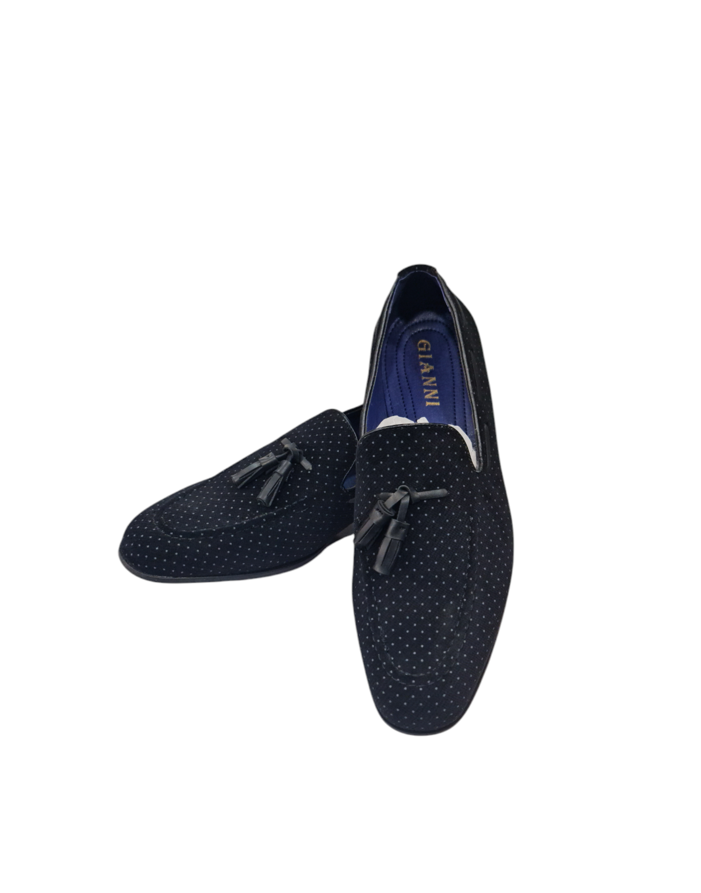 Mocassino elegante con nappine art vellutato a pois blu scuro