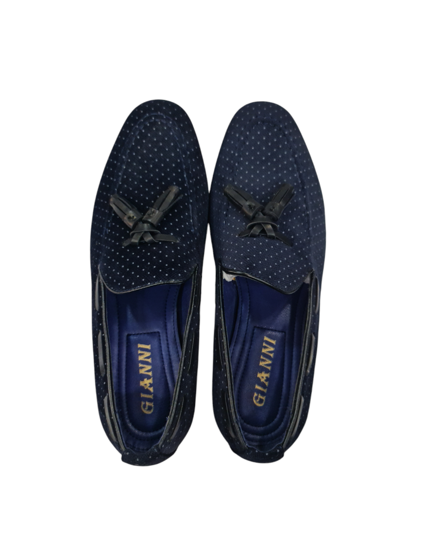 Mocassino elegante con nappine art vellutato a pois blu scuro