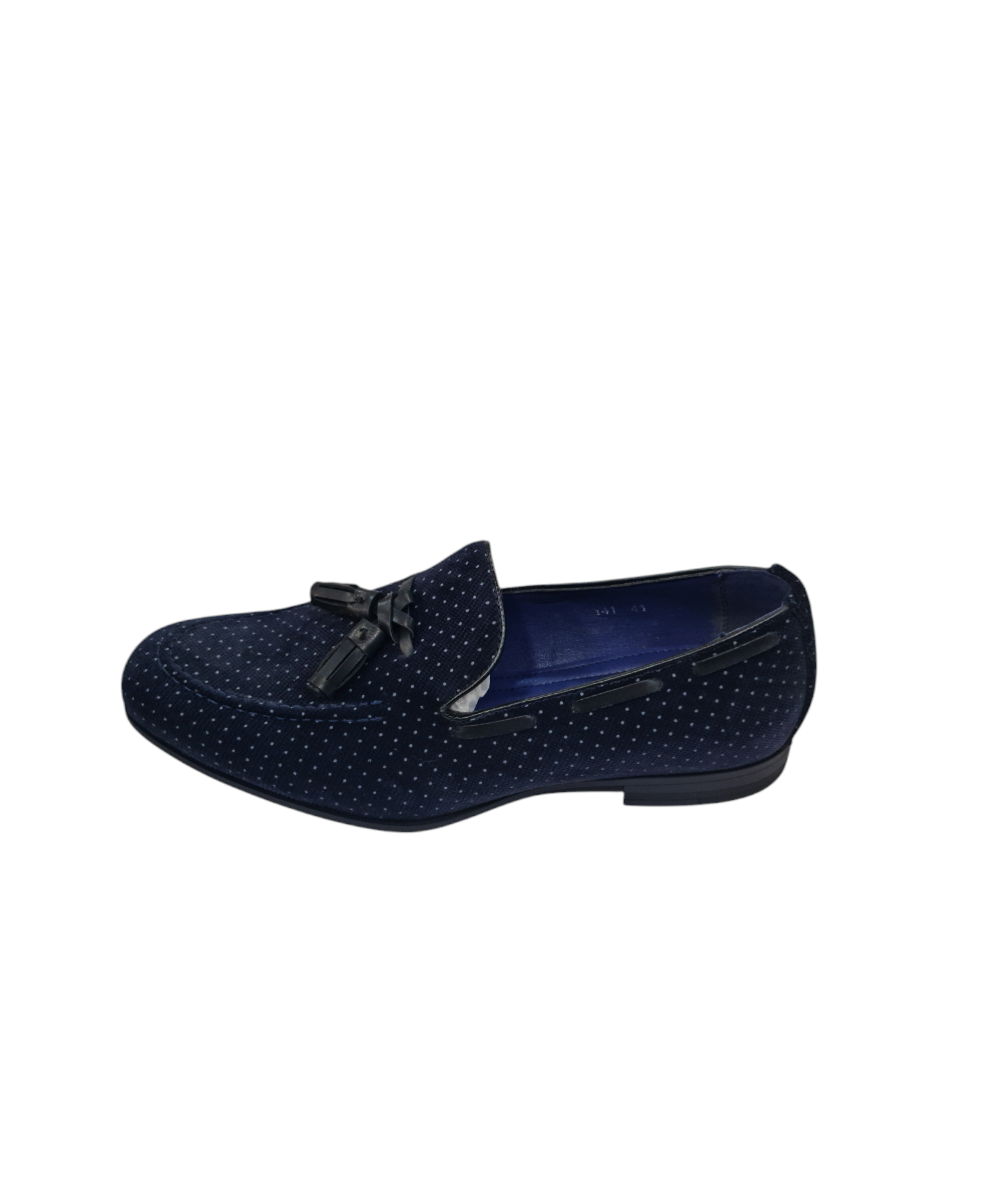 Mocassino elegante con nappine art vellutato a pois blu scuro