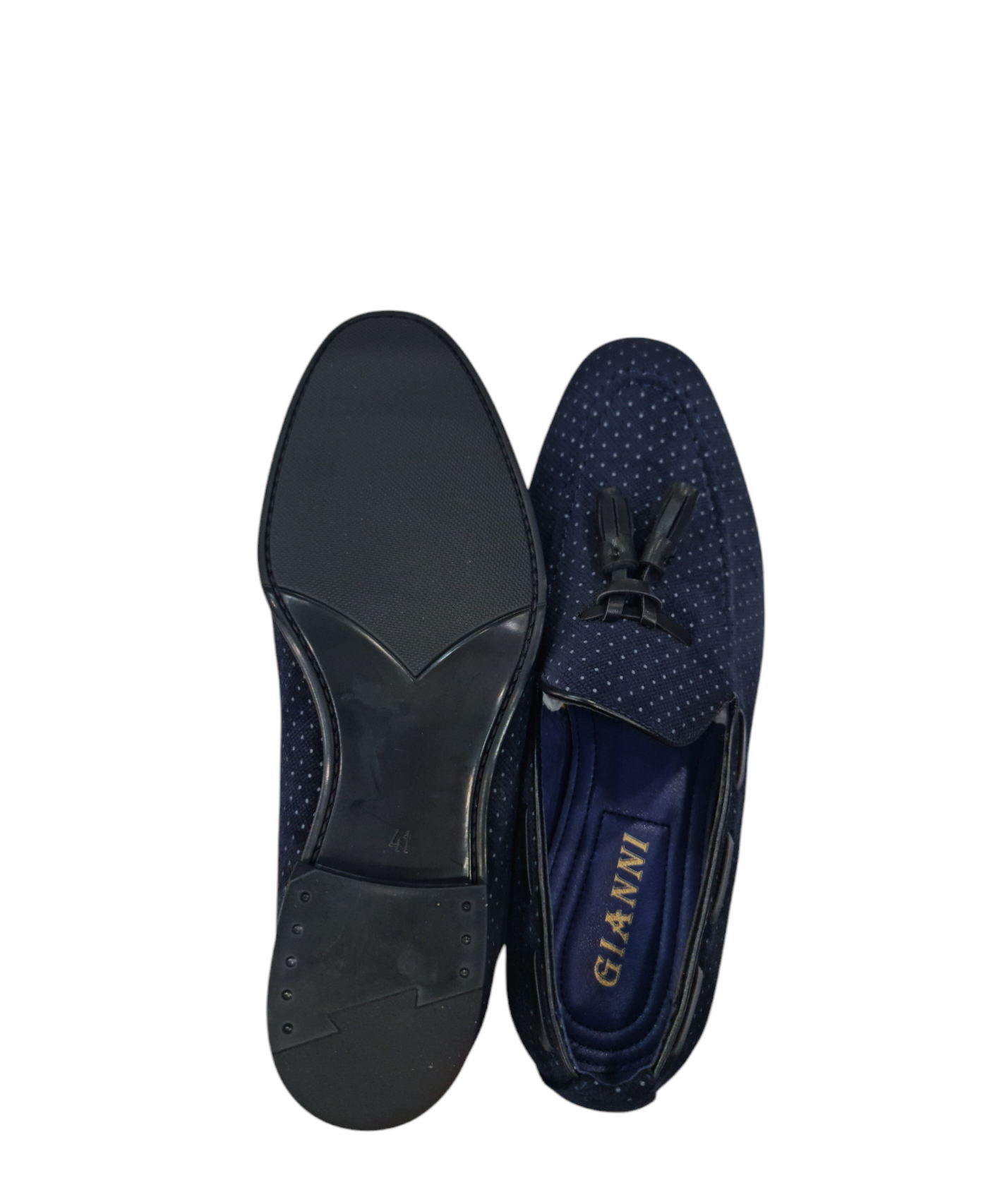 Mocassino elegante con nappine art vellutato a pois blu scuro