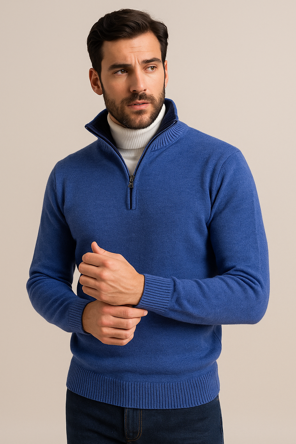 Maglione tinta unita con mezza zip frontale azzurro