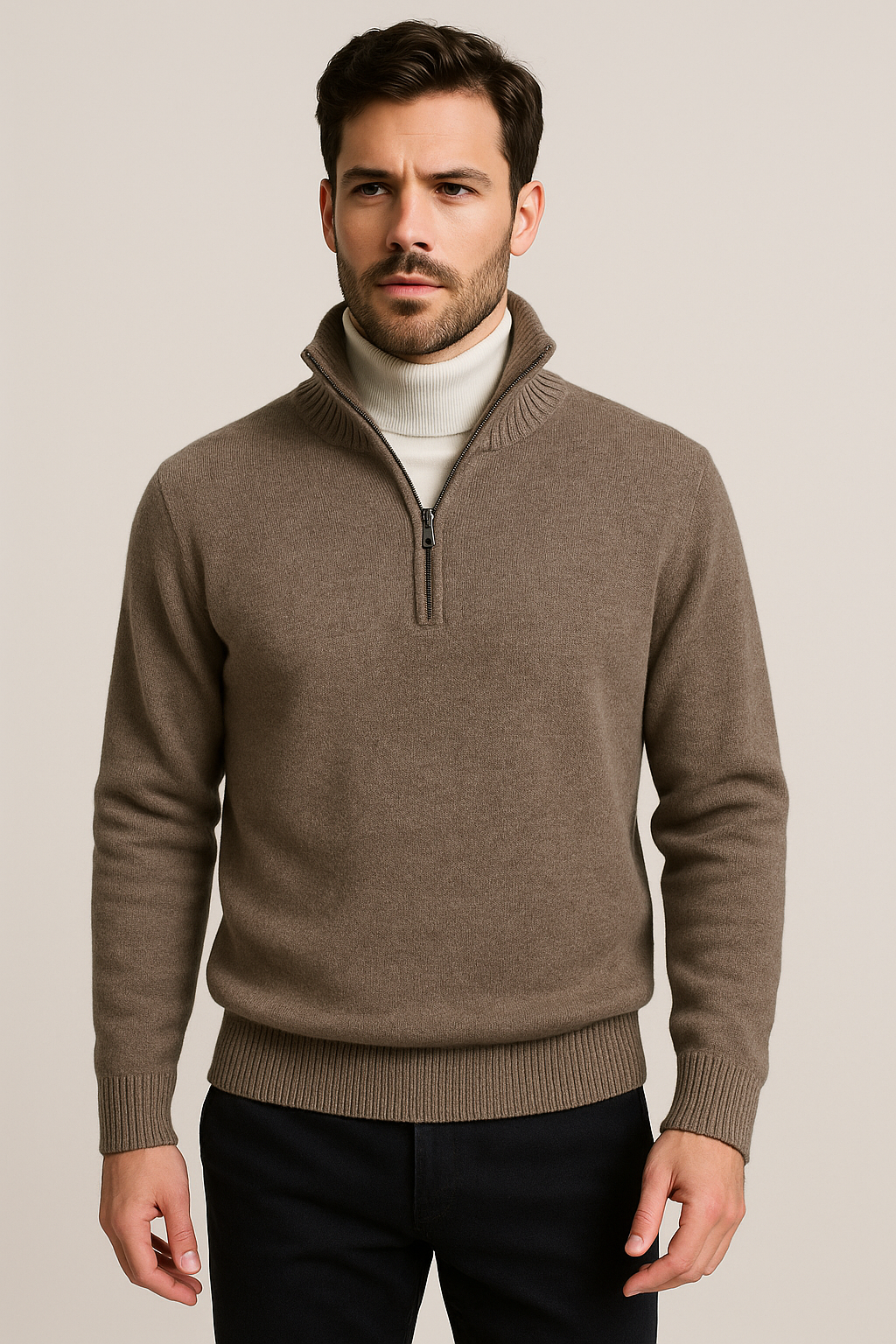 Maglione tinta unita con mezza zip frontale tortora