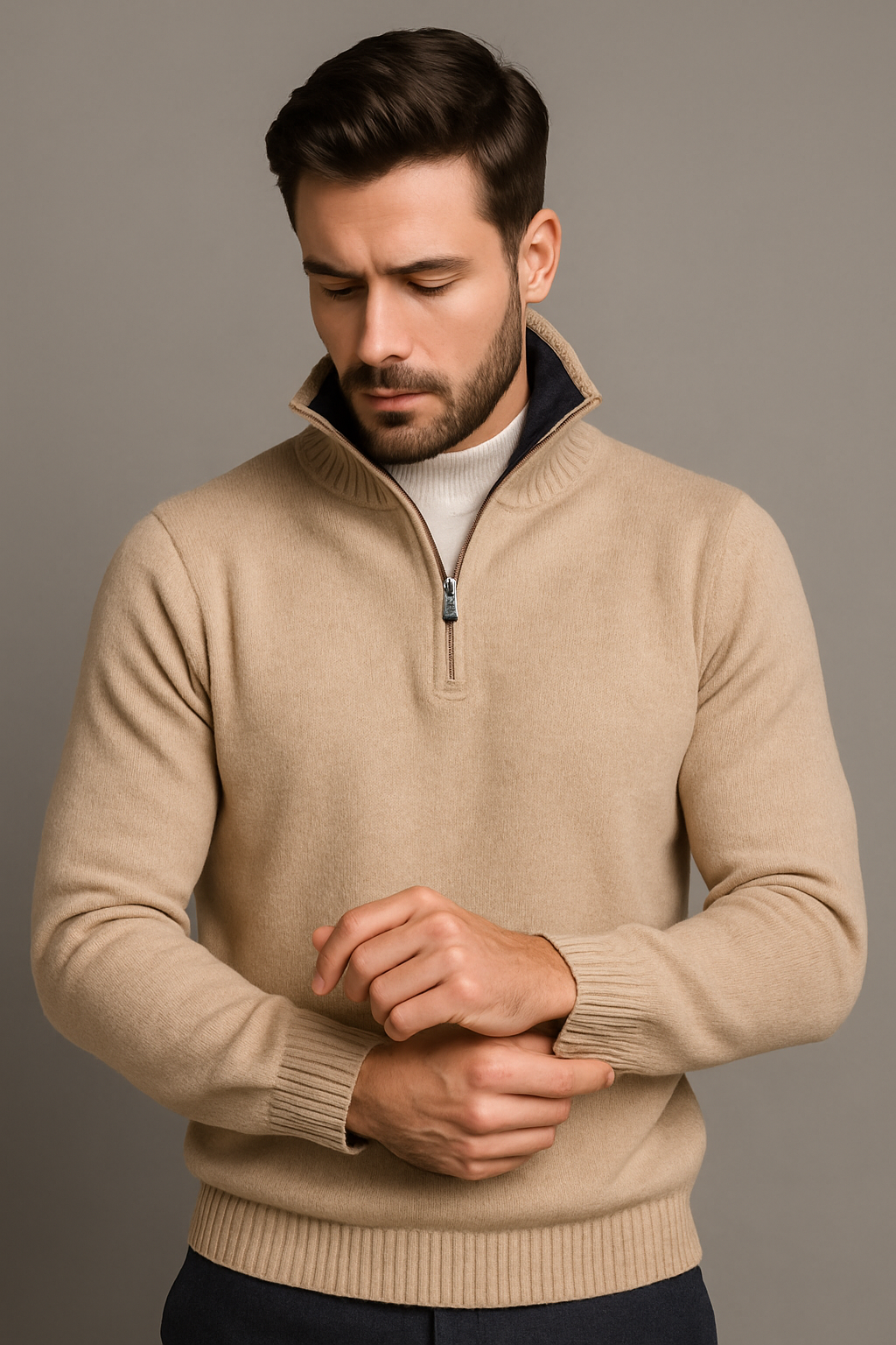 Maglione tinta unita con mezza zip frontale beige