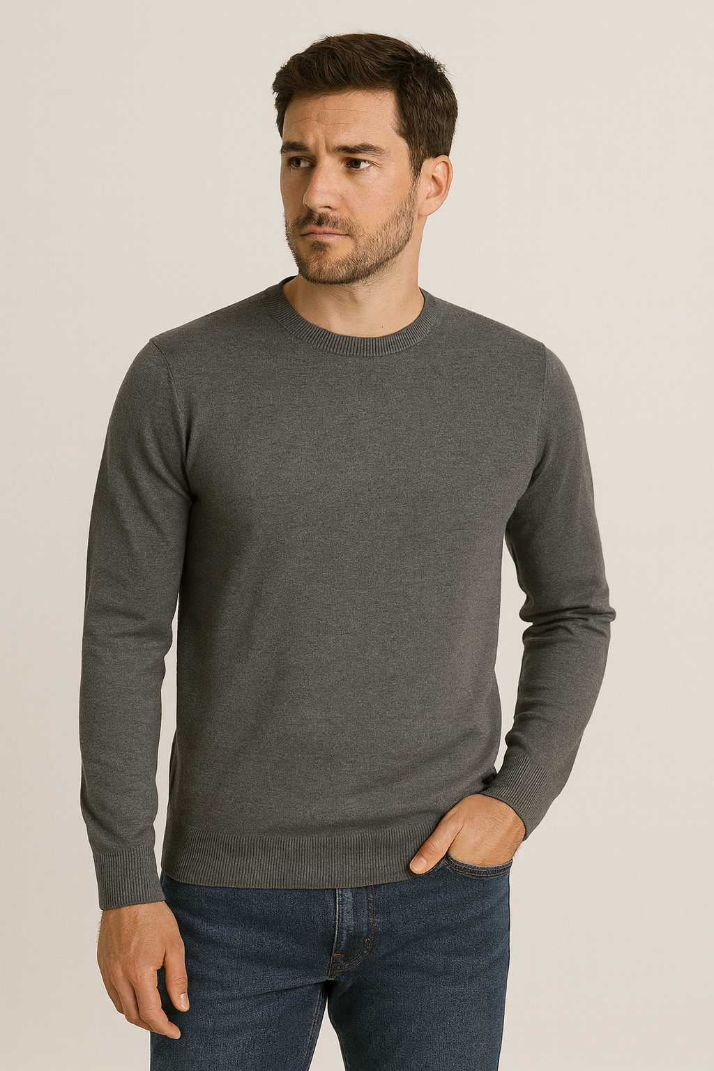 Maglia girocollo tinta unita grigia scura